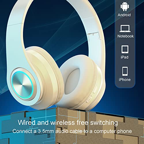 Over Ear Kids Bluetooth Headphones, Colorful LED Lights Headphones with Built-in Mic, Wired & Wireless Lightweight Foldable HiFi Stereo Headset for Gift, Tablet, Adult, Game(White) | Colorful LED Bluetooth Over-Ear Headphones White, HiFi Stereo with Mic,