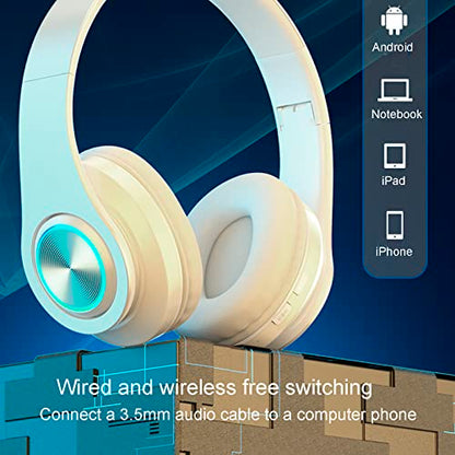 Over Ear Kids Bluetooth Headphones, Colorful LED Lights Headphones with Built-in Mic, Wired & Wireless Lightweight Foldable HiFi Stereo Headset for Gift, Tablet, Adult, Game(White) | Colorful LED Bluetooth Over-Ear Headphones White, HiFi Stereo with Mic,