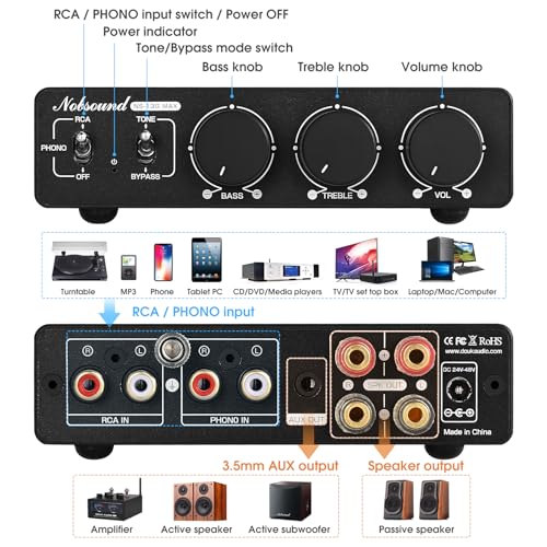 Nobsound 300Wx2 Stereo Amplifier with Phono Input - HiFi Class D Mini Power Amp for Home Theater, Turntables, Studio Monitor | TPA3255 Chip, RCA/MM Inputs, Bass/Treble Control (NS-13G MAX DC 48V)