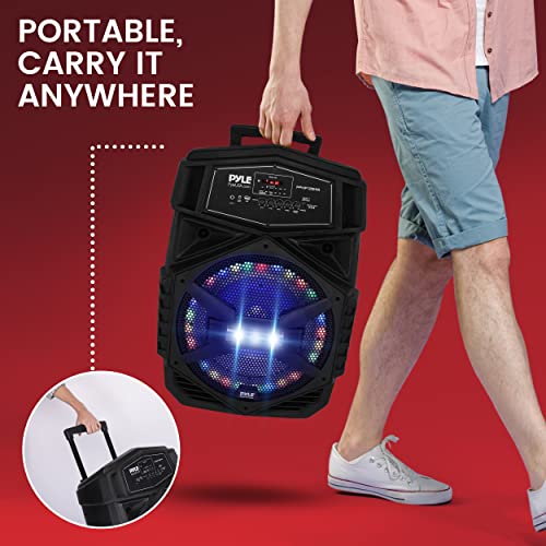 Pyle 12'' Portable Bluetooth Speaker System - 1000W Karaoke Speaker w/ LED Lights, USB/Micro SD/FM/BT/Aux/Remote Control/Mic & Guitar Inputs, Built-in Rechargeable Battery w/ Wheels & Handle Bar - style: 1000W
