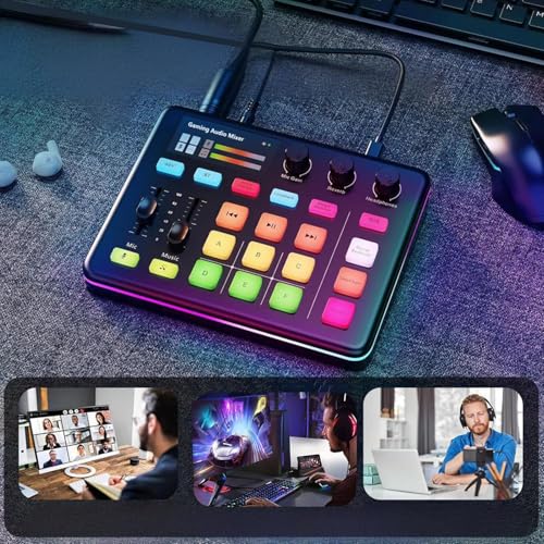 PUSOKEI Gaming Audio Mixer, Bluetooth 5.0 Live Sound Card with RGB Light, XLR Interface, Audio Interface with Pro preamp, Volume Fader, 48V Phan tom Power, for Live Streaming