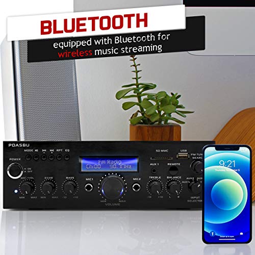 Pyle Wireless Bluetooth Home Power Amplifier - 200 Watt Audio Stereo Receiver w/USB Port, AUX in, FM Radio, 2 Karaoke Microphone Input, Remote - Home Entertainment System - Pyle PDA5BU.5