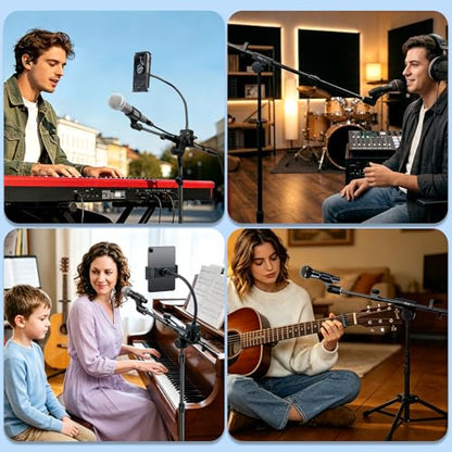 Microphone Floor Stand with Phone/Tablet Holder, Adjustable Boom Mic Stand with Heavy-Duty Base, Dual Device Mount for Streaming, Podcasting, Recording, and Live Performances GMS-04