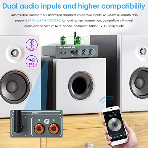 Douk Audio T6 2 Channel 80 watts x2 Bluetooth Tube Amplifier Hi-Fi Stereo Power Amp Audio Wireless Receiver with Headphone/Line Output & Treble Bass Tone Control