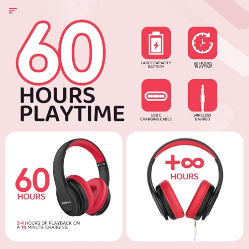 JoySpark Kids Bluetooth Headphones Over-Ear, 60Hrs, Built-in Mic-Black - color: Black