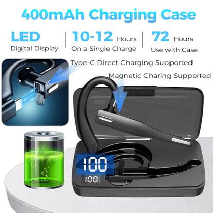 AI Bluetooth Headset Wireless Bluetooth Headphone Earphone Earpiece with Translation, Noise Cancelling, Last 72H, Single-Ear Earbuds with Microphone, for Phone/PC/Laptop, Daily/Office/Trucker
