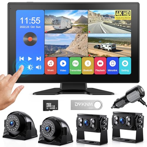 4K RV Backup Camera System, 10.1" Quad Split Touchscreen Monitor | 1080P 2 Rear & 2 Side View Cameras, DVR Recording Bluetooth Music USB Video IP69 Waterproof Night Vision for Trailer RV Truck - size: 10.1 inch
