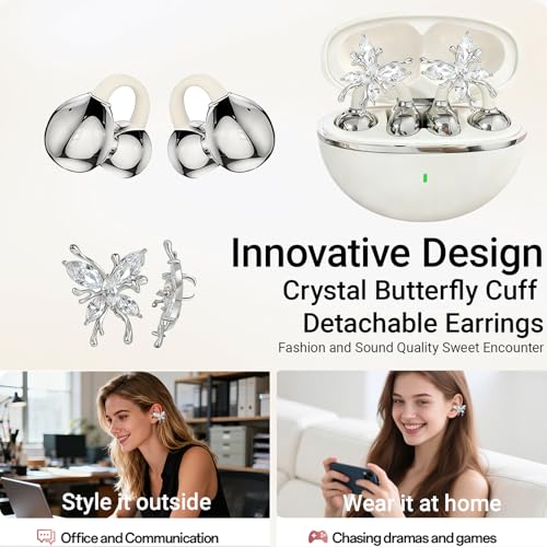 2026 New Jewelry-Inspired Clip-On Earbuds with Detachable Sparkle Butterfly Earrings, Bluetooth 6.0, Cute Wireless Headphones for Women, 50H Playtime, Low Latency, Sports & Workouts (White) - color: White