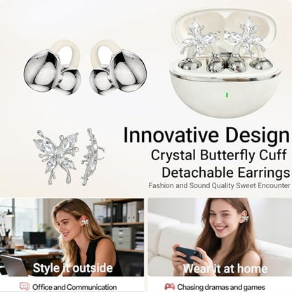 2026 New Jewelry-Inspired Clip-On Earbuds with Detachable Sparkle Butterfly Earrings, Bluetooth 6.0, Cute Wireless Headphones for Women, 50H Playtime, Low Latency, Sports & Workouts (White) - color: White