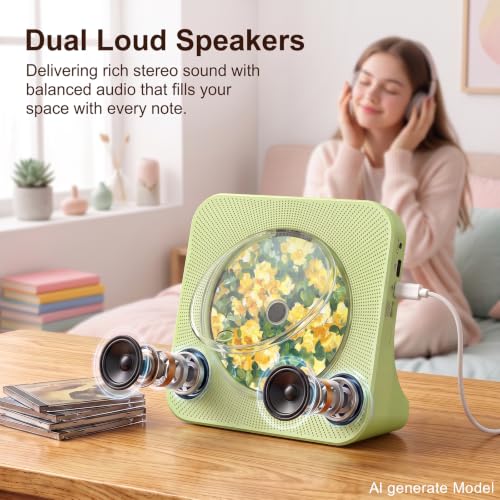 Gueray Portable CD Player with Bluetooth, CD Player with Speaker for Home | Plug-in desktop use,2-way Bluetooth mode, 3W speakers, FM radio, sleep timer, A-B repeat,USB/AUX - color: Green