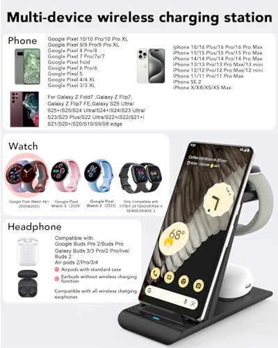 Upgraded 3 in 1 Wireless Charger for Google Pixel Watch 3/2, for Pixel 10 9/Pro/Pro XL/Fold,Buds Pro 2/Pro,Fitbit Versa 4/3,Wireless Charging Station for Multiple Devices (Not for Google Watch 4/1)