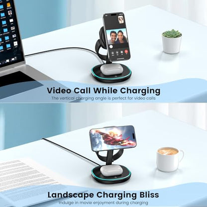 3-in-1 Charging Station, 2X Faster 15W Wireless Charging Station for iPhone 16/15/14/13/12, for Apple Watch, AirPods, Magnetic Wireless Charger with Sleep Friendly Light (Black)