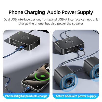 Bluetooth 5.4 Receiver with USB/AUX/RCA Outputs, HiFi Wireless Audio Receiver with Remote, USB Playback & Type-C Power – No Battery, Bluetooth Audio Adapter for Old Stereo and Home Theater System.