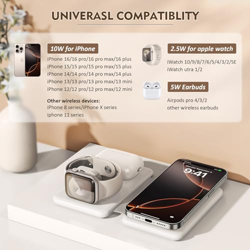 Charging Station for Apple Devices: Magnetic Wireless Charger for iPhone | Charges iPhone 17-12 Watch & AirPods Simultaneously,No Cable Clutter on Desk Bedside,Foldable Compact for Travel, 18W Adapter - color: White