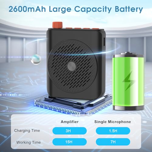 15W Wireless Voice Amplifier for Teachers, Dual Magnetic Lavalier Mics with Noise Reduction, Portable Bluetooth 5.3 PA System for Tour Guide Yoga, 15H Battery Waist-Mount Speaker, 98FT Range (Black) - color: Black