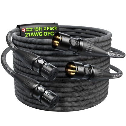 XLR Cables 15 Feet 2 Pack, Professional Gold-Plated Rean Connectors from Neutrik, Kevlar-Reinforced Nylon Braided Microphone Cable, Mic Cable, Durable Shielded and Balanced XLR Male to Female Cord | Neutrik REAN Gold-Pin Connector, Kevlar-Reinforced Heavy