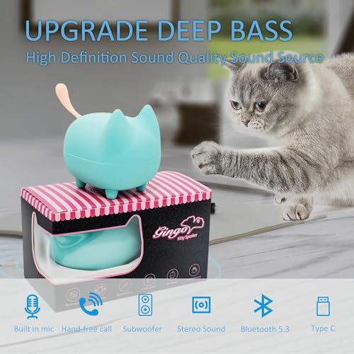 Cute Cat Bluetooth Speaker Mini Portable Wireless Stereo for PC Travel Gift | Cat-shaped silicone tail, 40H playtime, TWS pairing, hands-free mic, BT5.3,perfect home/office/outdoor/gifts - color: Green