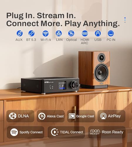 P30 300W x 2 Multiroom Streaming Amplifier Stereo Music Streamer with ESS ES9023Q2M DAC & TI TPA3255DD Amps, 3" LCD Screen, WiFi, BT, Remote Control, PC in, HDMI ARC, Optical, RCA I/O Ports