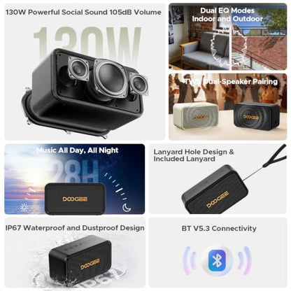 Field Rush Portable Speakers, 130W Peak Wireless Speaker with 2.1 Stereo Sound, Big Sound and Deep Bass, 28H Playtime Outdoor Speaker, IP67 Waterproof, TWS Pairing EQ Modes for Home/Party/Beach Black - color: Black
