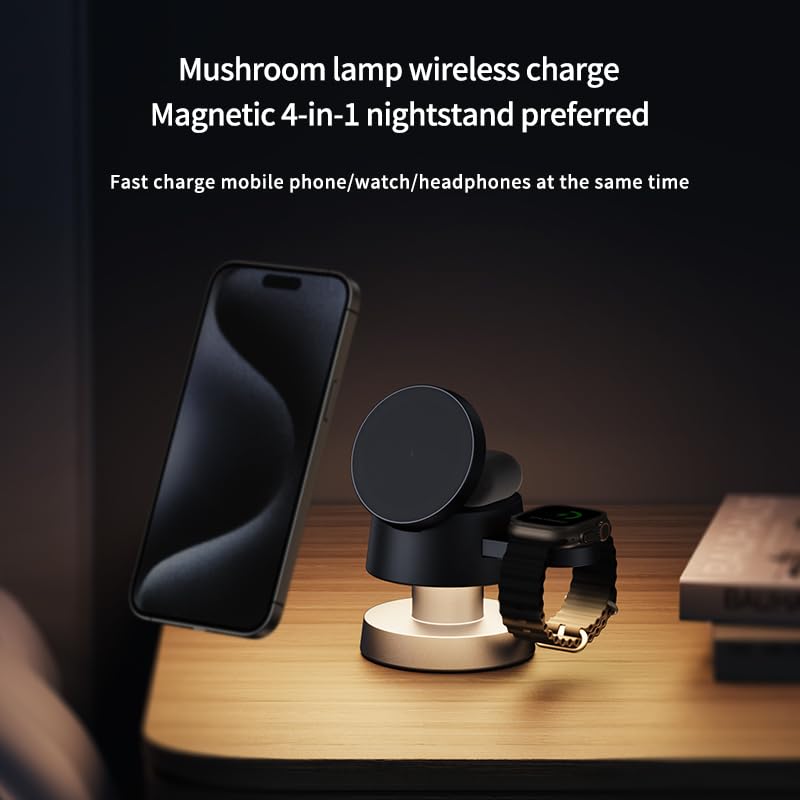3 in 1 Wireless Charging Station for Apple, Magnetic Charger Stand 15W Fast Mag-Safe Charger Stand for iPhone 16 15 14 13 12 for Apple Watch Adjustable Angle with Night-Lamp