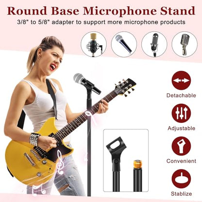 Copkim 2 Sets Mic Stand Round Base Microphone Stand Universal Detachable Podcast Mic Stand for Singing Studio Stage Karaoke, Height Adjustable from 33" to 60", with Mic Clip, 3/8'' to 5/8''adapter