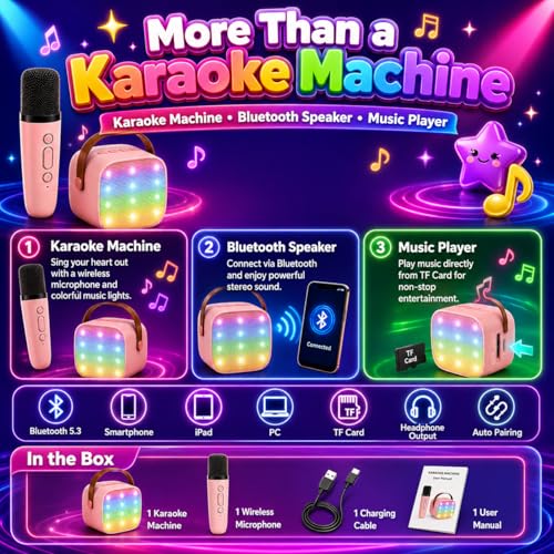 Mini Karaoke Machine for Kids & Adult, 4-12 Years Old Girls Christmas Birthday Gift, Karaoke Toys Gifts for Girls Ages 4, 5, 6, 7, 8, 9, 10, 12 +Year Old Birthday Party Pink - color: Pink