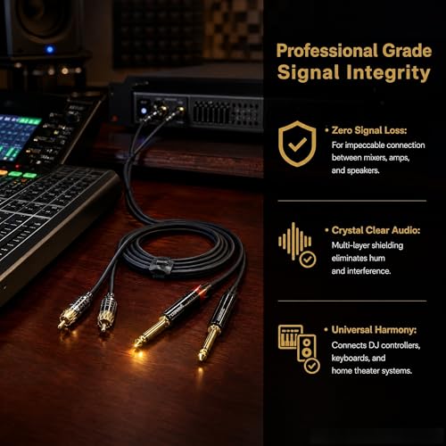 Dual 1/4 TS to Dual RCA Cable 6ft, OFC 24K Gold-Plated Multi-Layer Shielded Noise-Free Audio Interconnect for Home Studio, DJ Mixer, Amplifier – for Pioneer DJ, Yamaha, Focusrite Scarlett