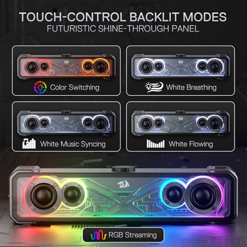Redragon GS817 RGB Desktop Soundbar, 2.0 Channel Stereo Speakers for Desktop w/Massive 30W Max Power, Touch-Control, Wireless 5.3 & 3.5mm AUX Inputs, Black