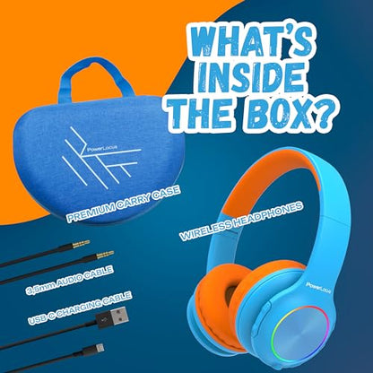 PowerLocus PLED Kids Bluetooth Headphones, Kids Wireless Headphones with LED Lights, 74/85/94dB Safe Volume, Micro SD, AUX Cable, Hi-Fi Stereo, Built-in Mic Over Ear Kid Headphone for Travel/Tablet/PC - color: Blue/Orange
