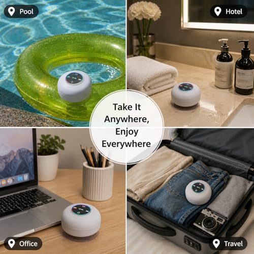 Bluetooth Shower Speaker with LED – Portable Wireless Mini Speaker with Mic & Suction Cup, IPX4 Water Resistant for Shower, Travel, Pool, River Floating, and Outdoor Fun (White) - color: White