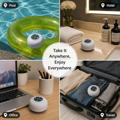 Bluetooth Shower Speaker with LED – Portable Wireless Mini Speaker with Mic & Suction Cup, IPX4 Water Resistant for Shower, Travel, Pool, River Floating, and Outdoor Fun (White) - color: White