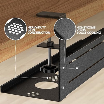 Under Desk Cable Management Tray - 18-29in Retractable Iron Cord Organizer, No-Drill Installation with Anti-Slip Pads, Desk Cable Tray for Office, Gaming,Standing Desks(Black)