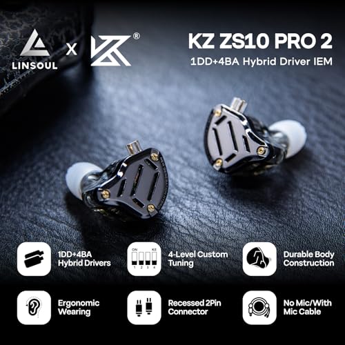 Linsoul KZ ZS10 PRO 2 in Ear Monitor IEM, 1DD+4BA Hybrid Wired Earbuds Kiwi Ears SONICAP Waterproof Earbud Case,Hard Protective IEM Storage Box