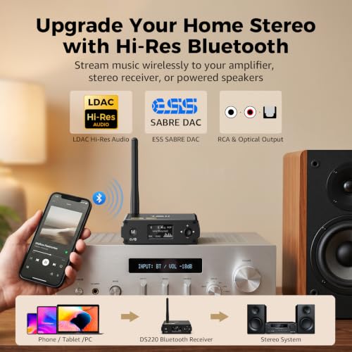 1Mii DS220 Bluetooth Receiver for Home Stereo, Hi-Res LDAC & aptX HD HiFi Audio Adapter with Audiophile DAC, Optical/RCA Outputs for Stereo System, Amplifier, OLED Display, 7 EQ