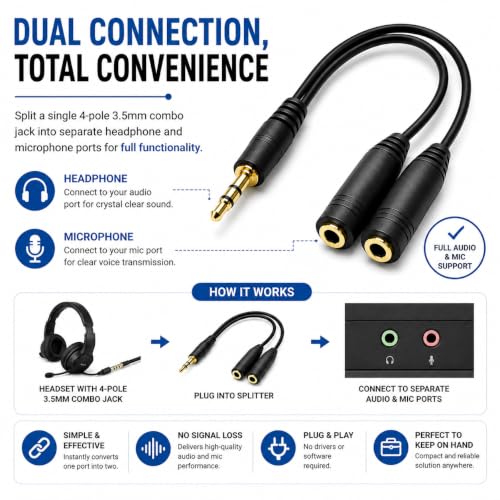 Master Cables 3.5mm Stereo Jack Headphone & Microphone Splitter Cable, 20cm, 1 Female to 2 Male AUX Adapter, Gold Plated, Audio Cable for PC, Laptop, Gaming Headsets