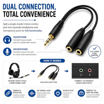 Master Cables 3.5mm Stereo Jack Headphone & Microphone Splitter Cable, 20cm, 1 Female to 2 Male AUX Adapter, Gold Plated, Audio Cable for PC, Laptop, Gaming Headsets