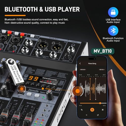 RM04 4Channel Audio Mixer Sound Board, Bluetooth Mixer USB Audio Interface, DJ Mixer with 2 XLR Combo Inputs, 24 Bit 192kHz Recording, Mixing Console for Podcast Live Streaming Home Studio - size: RM04 4-Channel Audio Mixer