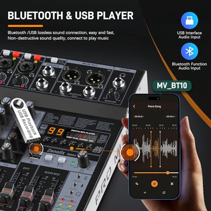RM04 4Channel Audio Mixer Sound Board, Bluetooth Mixer USB Audio Interface, DJ Mixer with 2 XLR Combo Inputs, 24 Bit 192kHz Recording, Mixing Console for Podcast Live Streaming Home Studio - size: RM04 4-Channel Audio Mixer