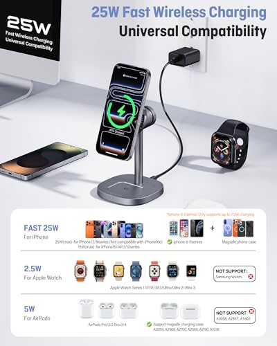 Augnner 3 in 1 Wireless Charging Station, 25W Certified Fast Magnetic Charger, Magnetic Wireless Charger Stand with TEC Active Cooling, for iPhone17/16/15/14/13/12, Apple Watch/AirPods