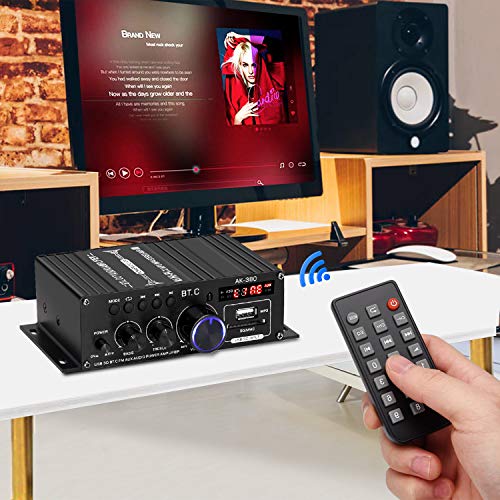 AK-380 Bluetooth 5.0 Home Audio Amplifier for Car Home Bar Garage | Max 400W+400W 2.0CH HiFi Stereo With 12V 5A Power Supply, Wireless Receiver With USB SD BT.C FM AUX - style: MAX 350Wx2