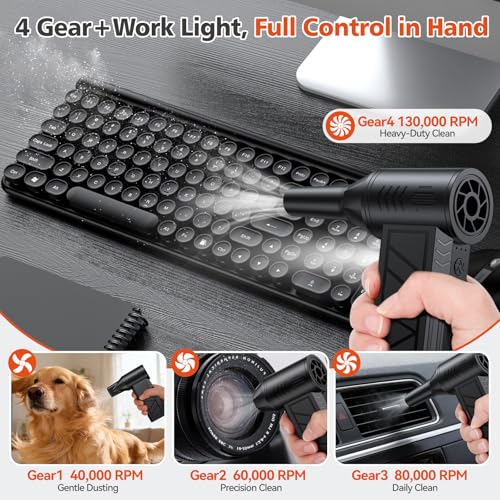 Compressed Air Duster, 130000 RPM High-Speed Electric Air Duster with Brushless Motor, 3 Magnetic Nozzles, 4 Speeds, LED Light & 5000mAh Rechargeable Battery for PC Keyboard Car Cleaning