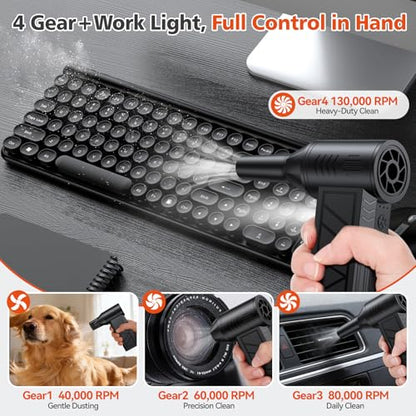 Compressed Air Duster, 130000 RPM High-Speed Electric Air Duster with Brushless Motor, 3 Magnetic Nozzles, 4 Speeds, LED Light & 5000mAh Rechargeable Battery for PC Keyboard Car Cleaning