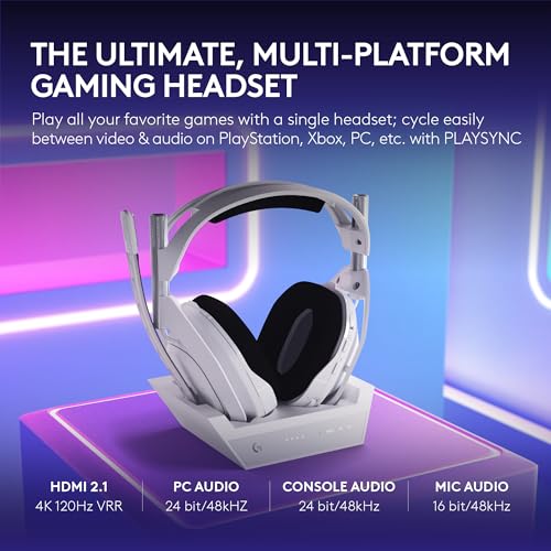 Logitech G Astro A50 X Multi-Platform Wireless Gaming Headset - White | For PS5, Xbox, PC, Switch - PLAYSYNC Video & Audio Switcher, HDMI 2.1 4K 120Hz VRR, 24bit/48kHz, <24hr Battery, 2.4GHz & BT - color: White, style: PLAYSYNC Video & Audio