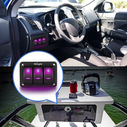 Nilight 3 Gang Aluminum Rocker Switch Panel Pre-Wired | 5 Pin ON Off Pinkish Purple Toggle Switches SPST 12V 24V Night Glow Stickers for Cars Marines Boats Campers RVs - color: Purple, size: 3 Gang