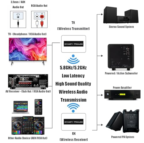 DYNASTY PROAUDIO WSA-5TR-V2 Wireless Audio Adapter/Subwoofer Kit (1TX+1RX), Ultra Low Latency, Dual Band 5.2/5.8GHz, Easy Setup for TV/PC with Powered Subs & Active Speakers. - color: Black ( WSA-5TR-V2)