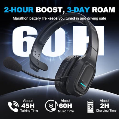 Bluetooth Headset for Truck Drivers, Single Ear Wireless Headset with Mic and USB Dongle, AI Noise Canceling Microphone, Mute Button, 45H Talk Time for Office Calls, Call Center, Phone and PC
