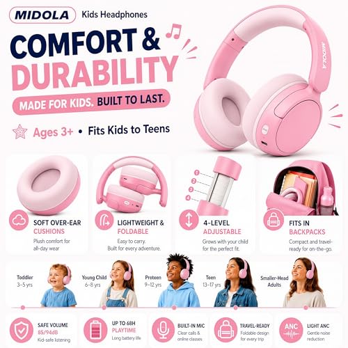 Kids Bluetooth Headphones Wireless,ANC, 68H,Safe Volume Limit 85/94dB Pink | Active Noise Cancelling,Adjustable Headband Foldable Over-Ear for Toddler Girls Boys Tablet/iPad,HD Stereo,Built-in Mic - color: Pink
