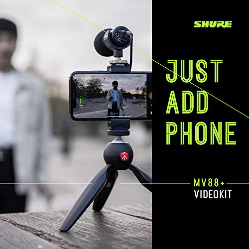 Shure MV88+ Video Kit - Digital Stereo Condenser Microphone for Apple and Android, with Manfrotto PIXI Tripod, Phone Clamp, Mount, iOS and USB-C Cables for Next-Level Connectivity (MV88+ Video KIT) - size: Compact, style: MV88+ Video Kit (Old Package)