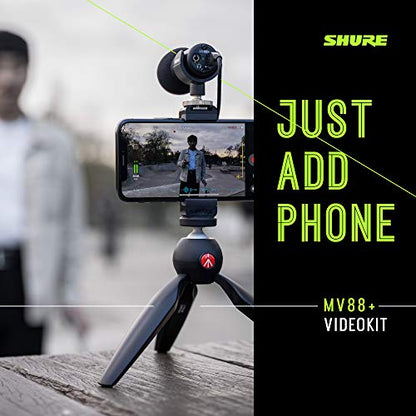 Shure MV88+ Video Kit - Digital Stereo Condenser Microphone for Apple and Android, with Manfrotto PIXI Tripod, Phone Clamp, Mount, iOS and USB-C Cables for Next-Level Connectivity (MV88+ Video KIT) - size: Compact, style: MV88+ Video Kit (Old Package)
