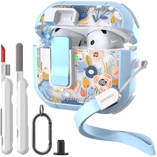 WENEW Case for AirPods 4th Case Cover Secure Lock Automatic Snap Switch Clip Cleaner Kit Lanyard Women Stylish Flower Armour Hard Shell Full Body Front LED Visible (Blue, AirPods 4) - color: Blue, size: AirPods 4